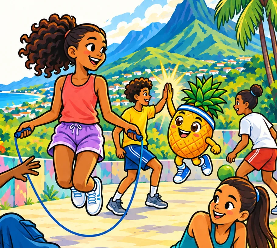 Illustration générée par IA : des ados sautent à la corde et jouent en plein air, avec la mascotte ananas du CASE, devant les montagnes et la mer.