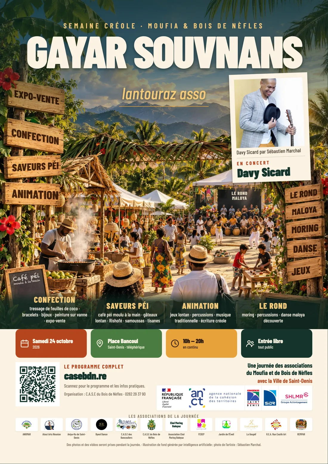 Affiche de la journée Gayar souvnans, lantouraz asso, le samedi 24 octobre 2026 place Bancoul à Saint-Denis, de 10h à 20h, avec Davy Sicard en concert, entrée libre et tout public.